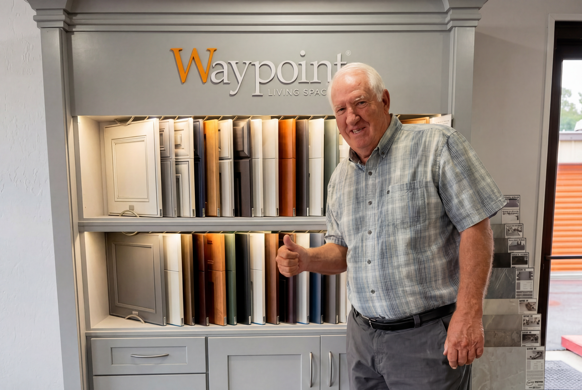 Man giving thumbs up next to Waypoint cabinet samples in a showroom.