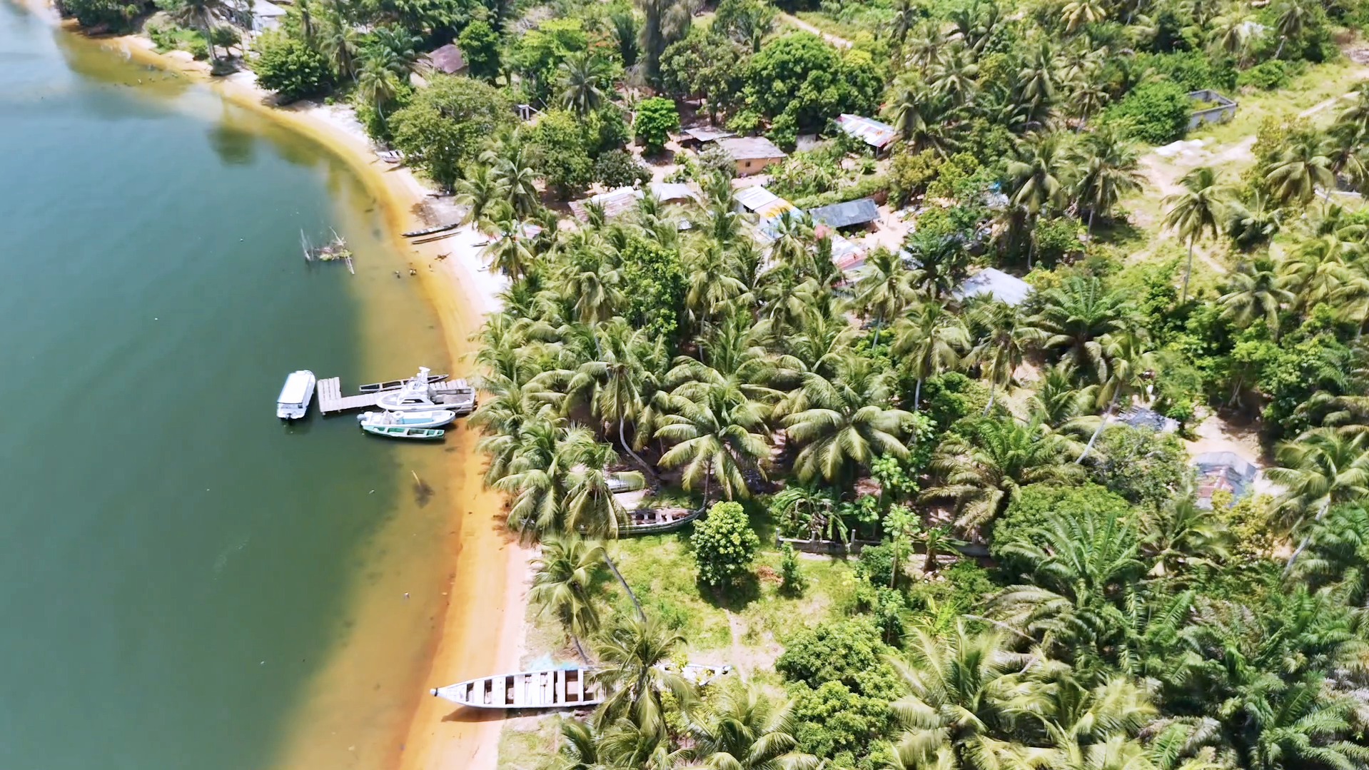 Une vue aérienne d'une plage tropicale avec des bateaux amarrés sur le rivage.