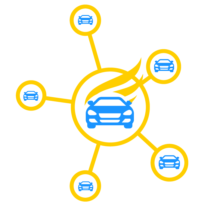 A blue car is surrounded by yellow circles with cars in them.