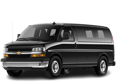 A black chevrolet van is shown on a white background