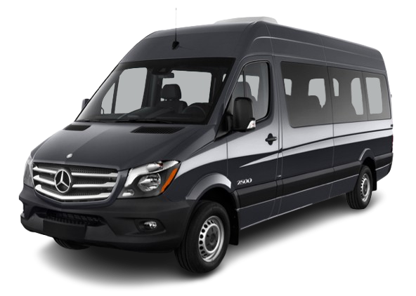 A black and white van with a mercedes logo on the front