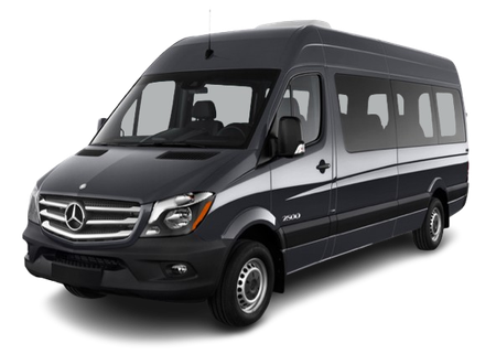 A black and white van with a mercedes logo on the front