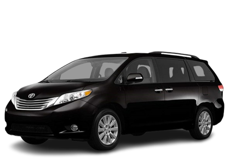 A black minivan is shown on a white background