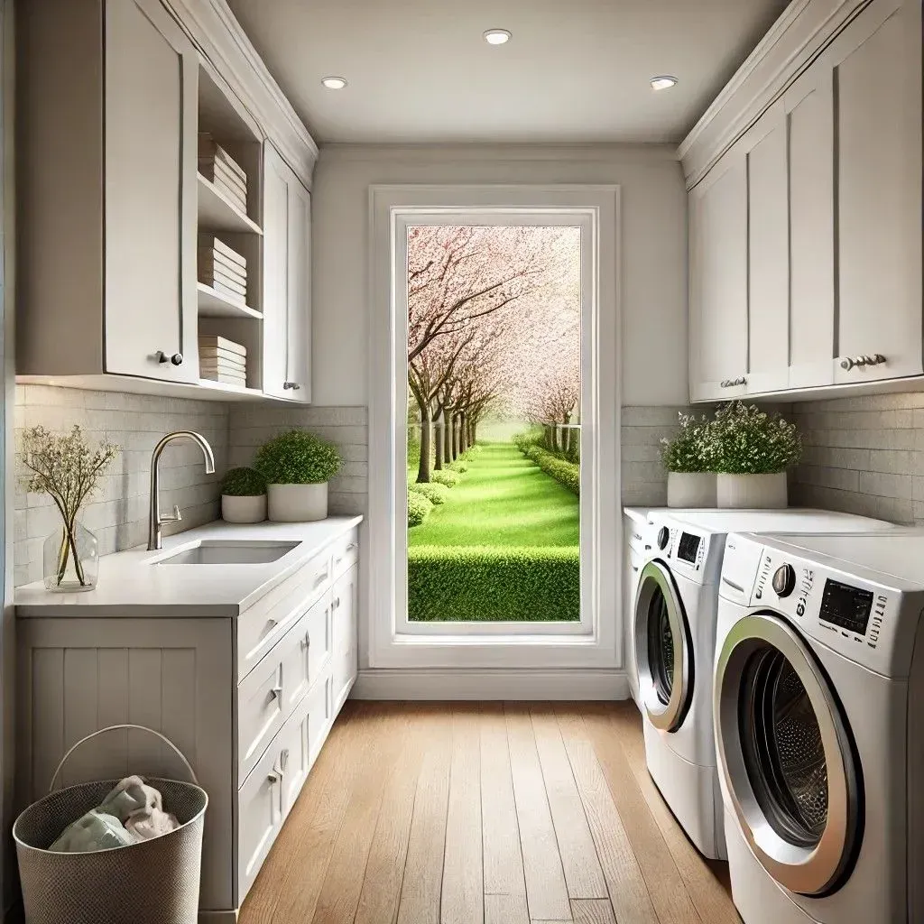 Modern laundry room in Cherry Hill home with spring view outside window