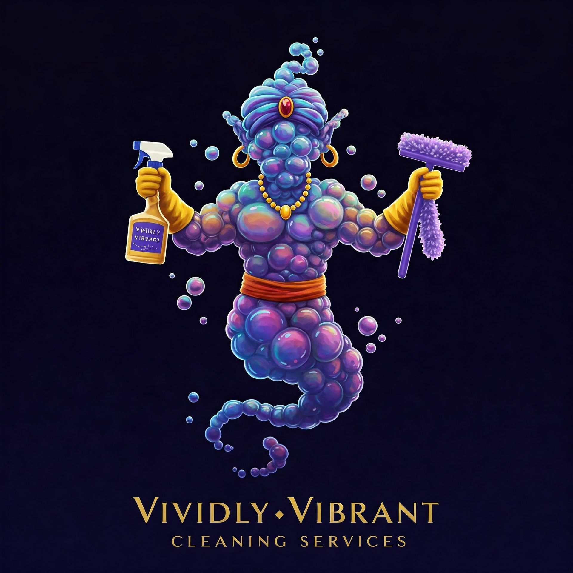 A logo for vividly vibrant cleaning services with a genie
