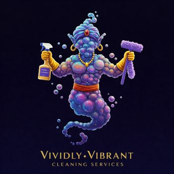A logo for vividly vibrant cleaning services with a genie