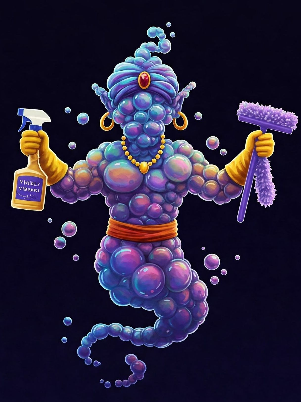 A logo for vividly vibrant cleaning services with a genie