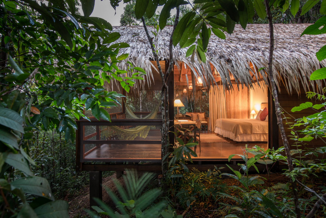 A small hut with a thatched roof is surrounded by trees in Brazil