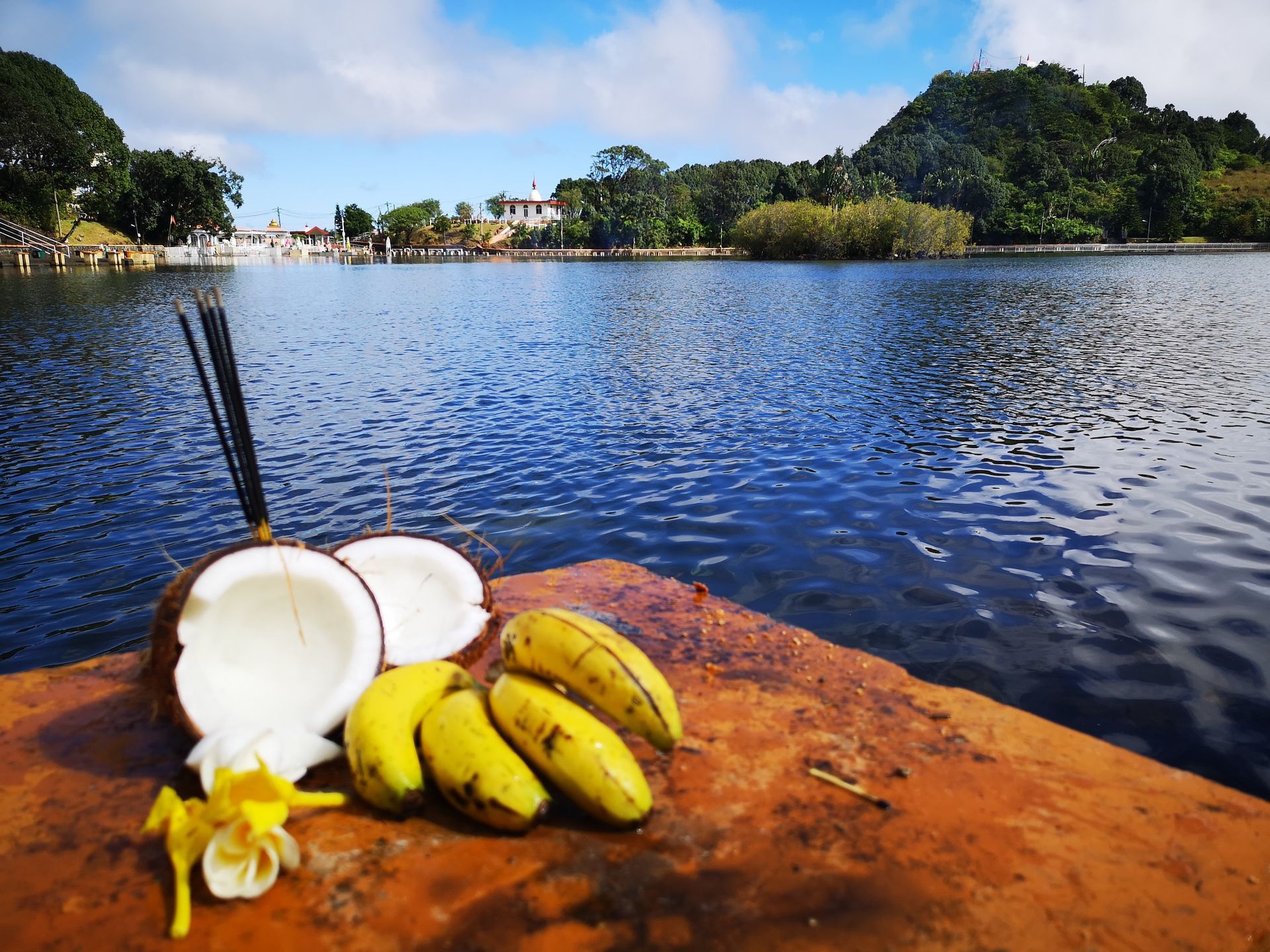 A coconut and bananas are sitting on a rock near Grand Bassin lake in the Highlands of Mauritius