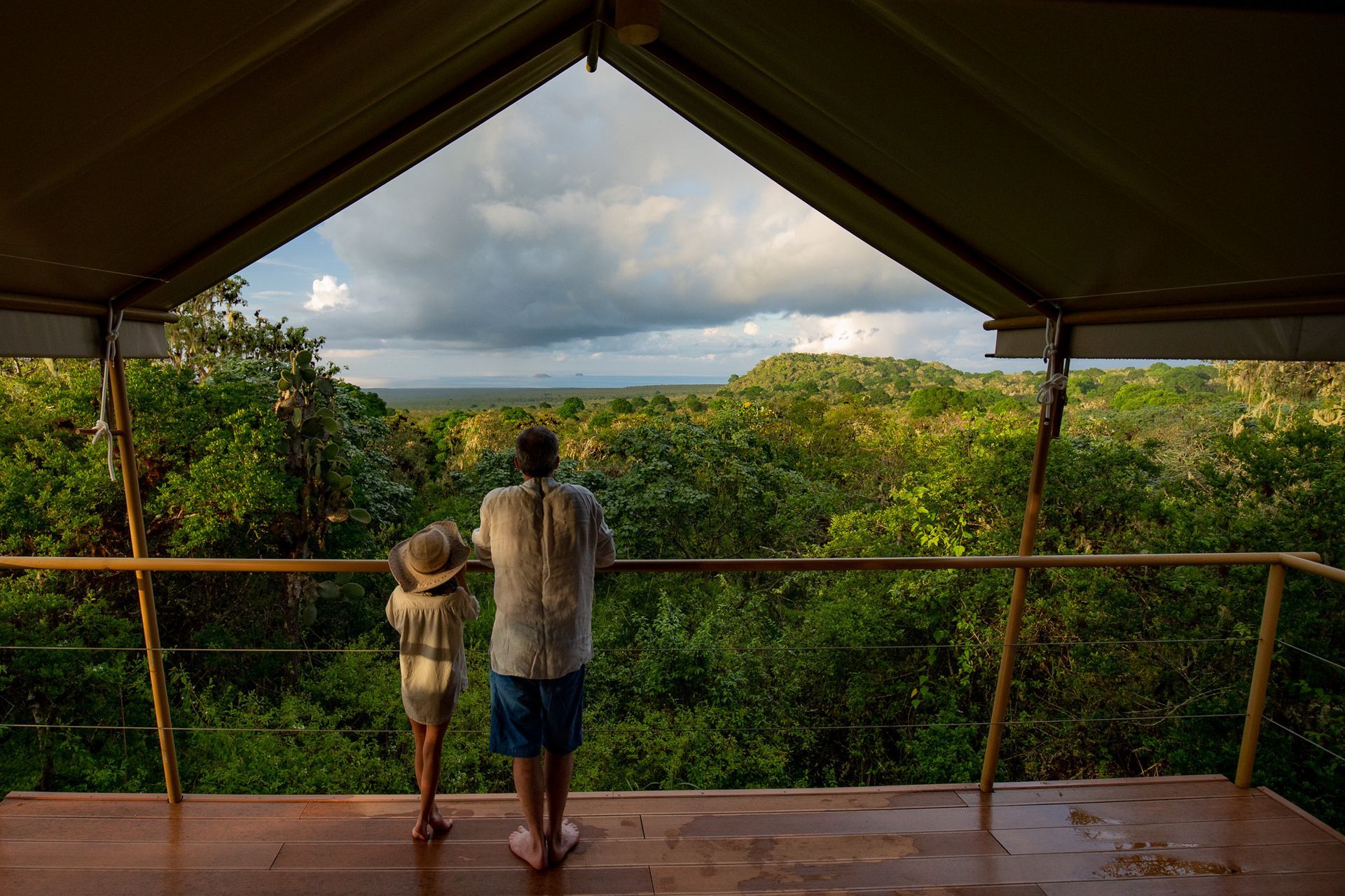 A man and a child are standing on a balcony overlooking a lush green forest.