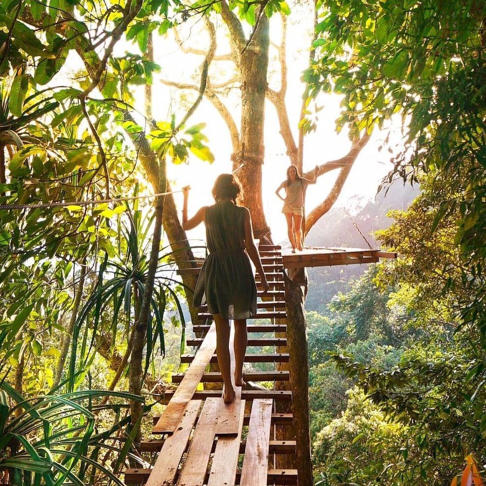 A waterfall in the middle of a lush green forest surrounded by mountains.