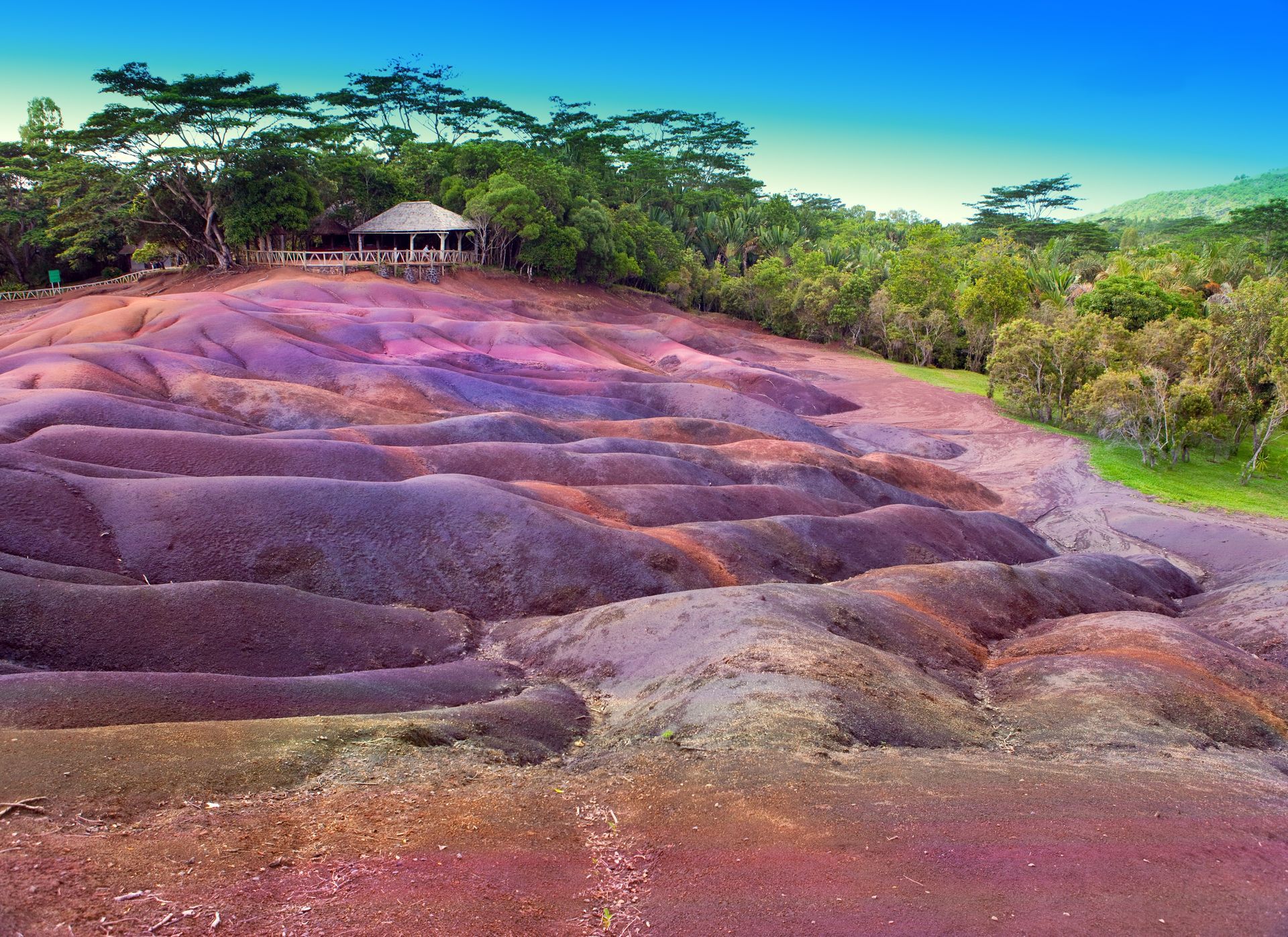 A small hut is sitting on top of a hill surrounded by trees. With colours sands at Seven Coloured Earths