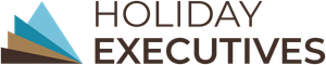 A logo for holiday executives with a mountain in the background