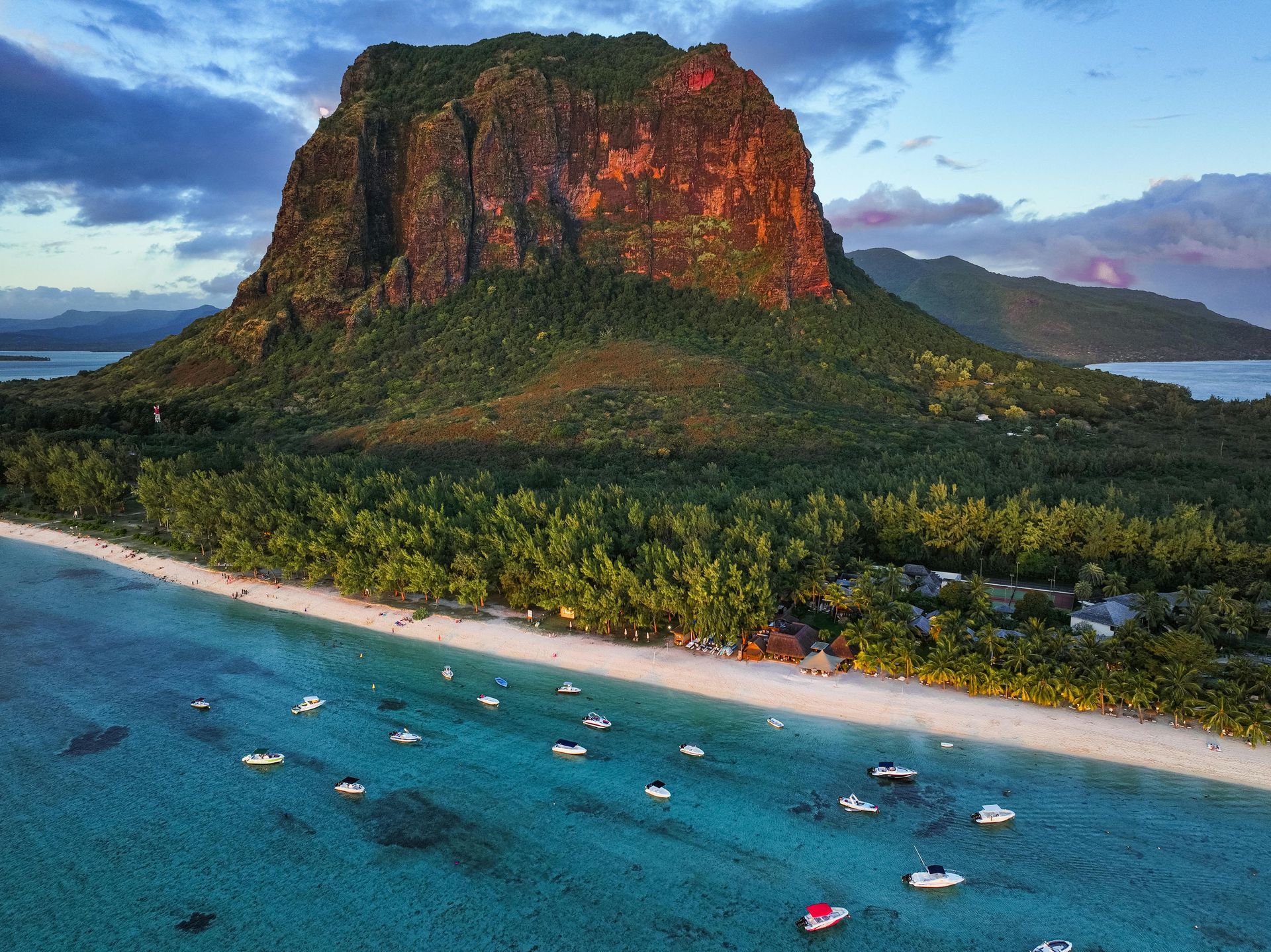 An aerial view of the tropical island Mauritius with Le Morne mountain in the background