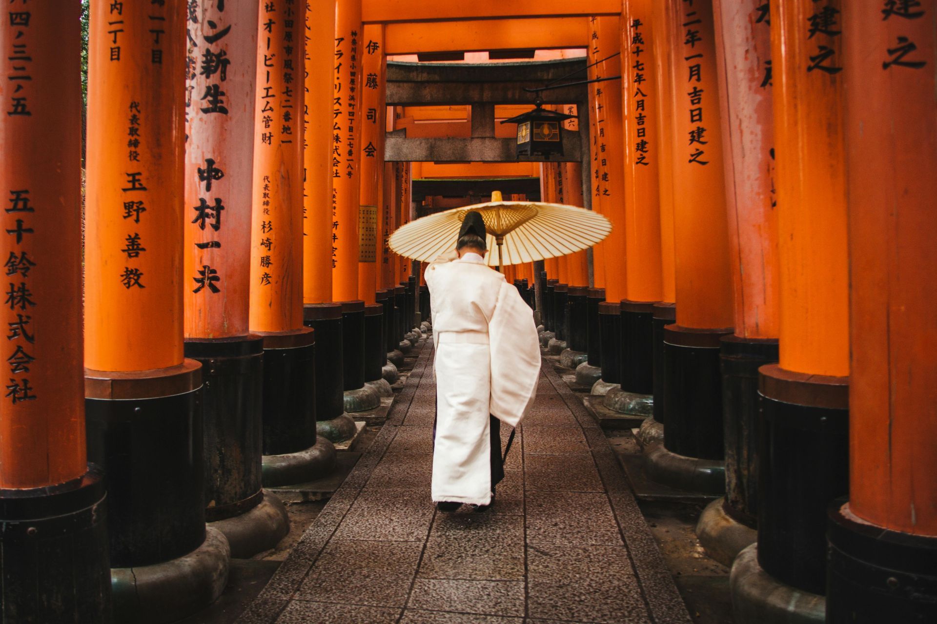 A man in a white robe is walking down a path holding an umbrella Japan