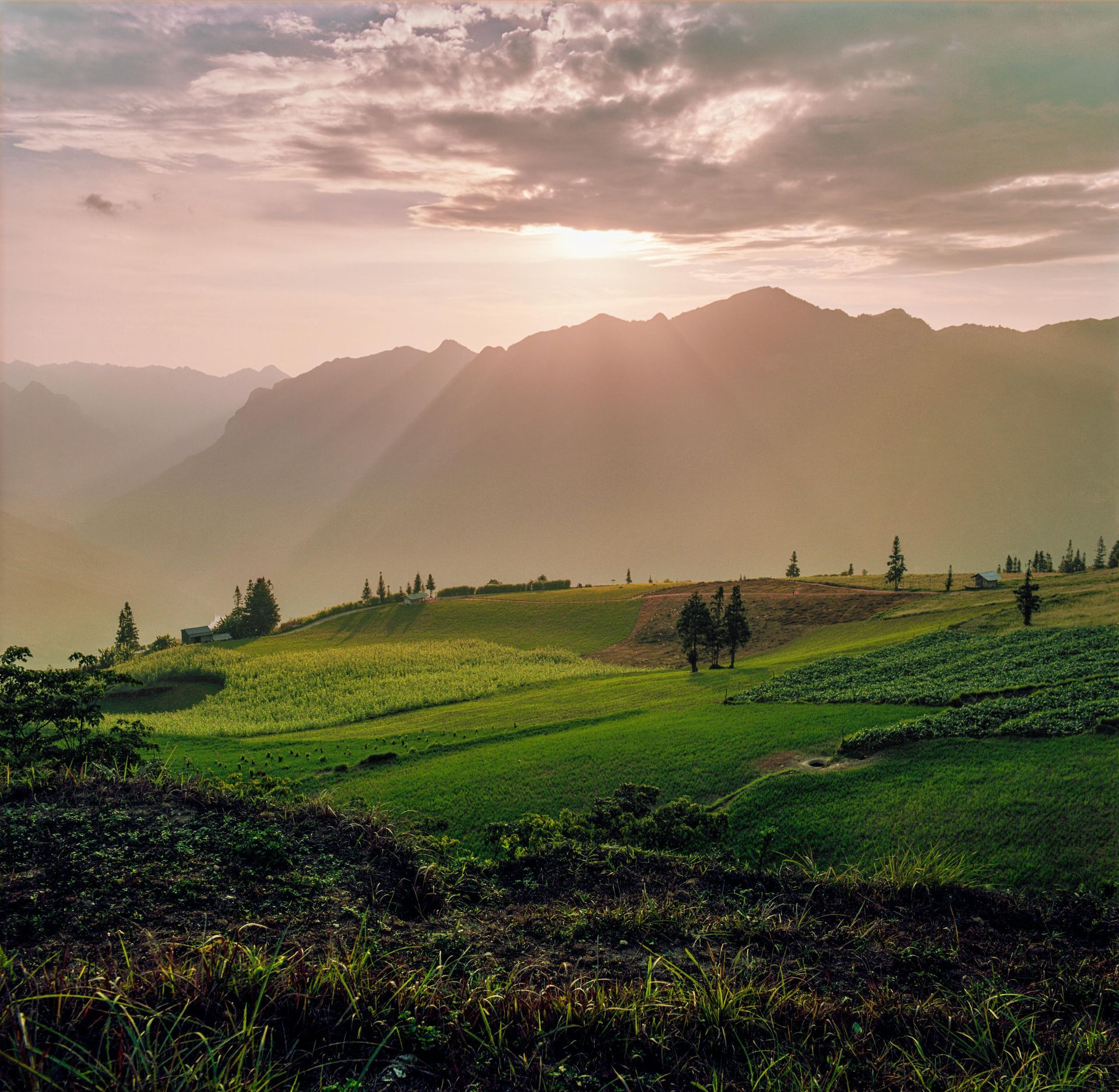 A sunset over a grassy hillside with mountains in the background in Ha Giang