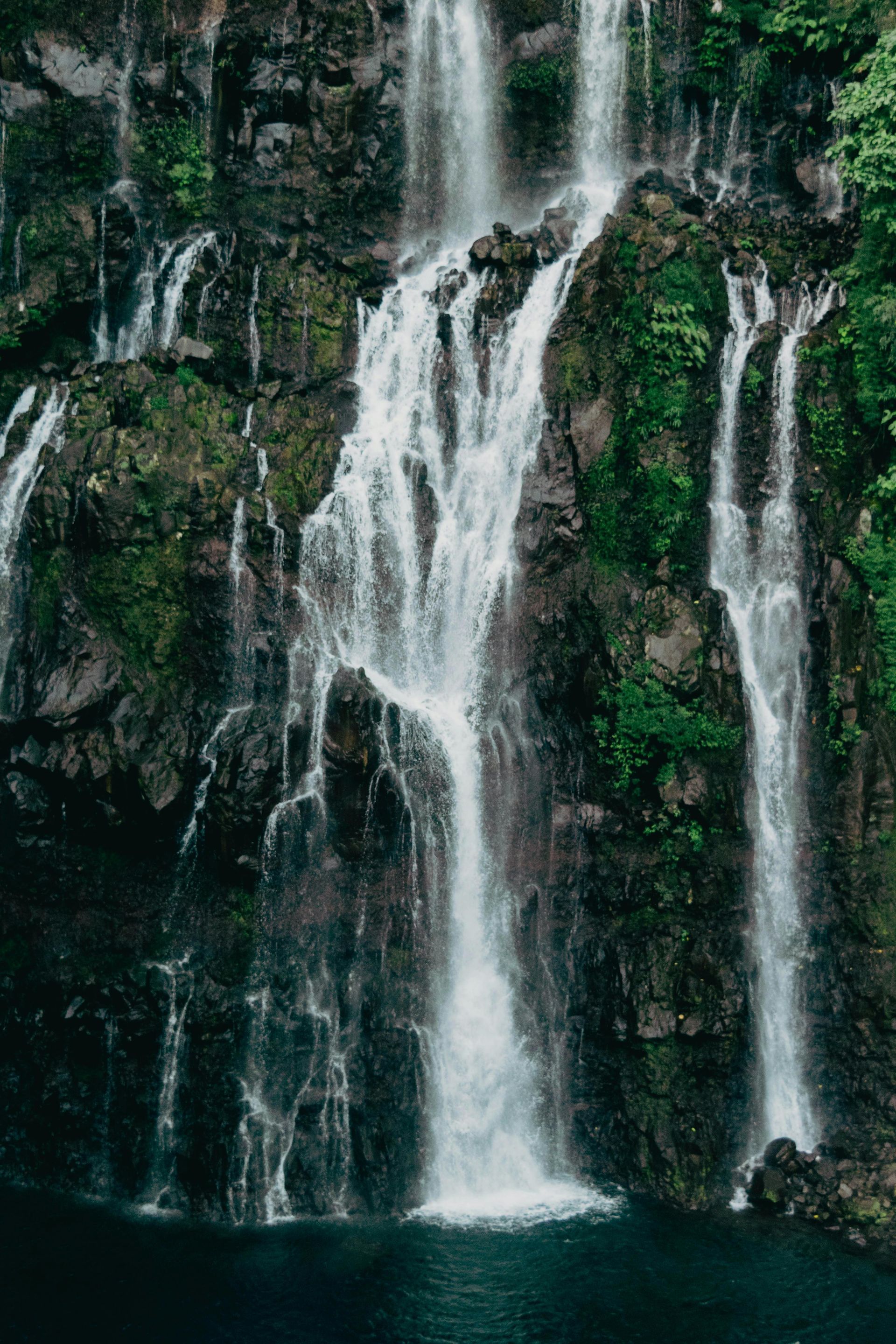 A waterfall is surrounded by trees and rocks in the middle of a forest.