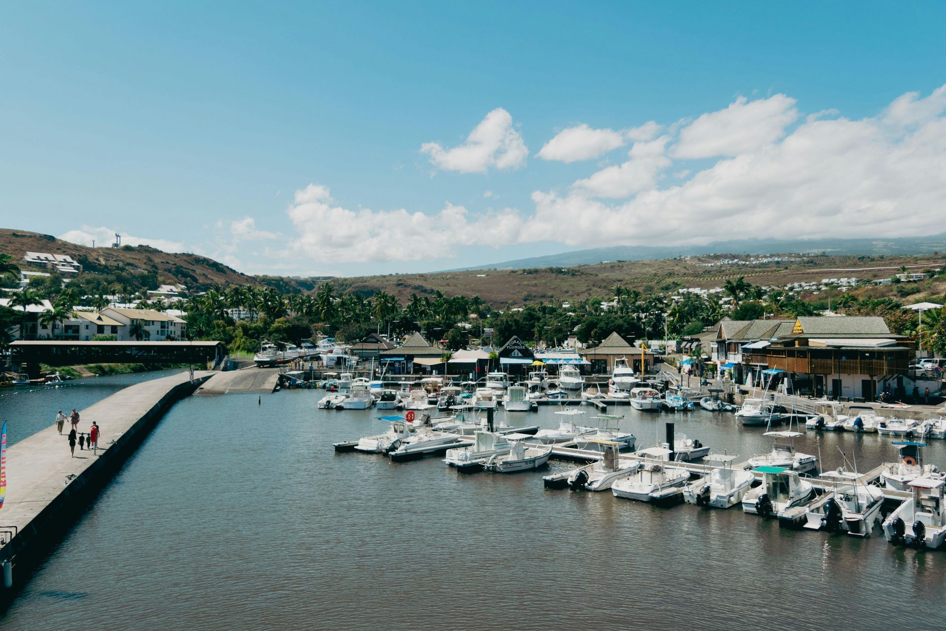 A group of boats are docked in a harbour.