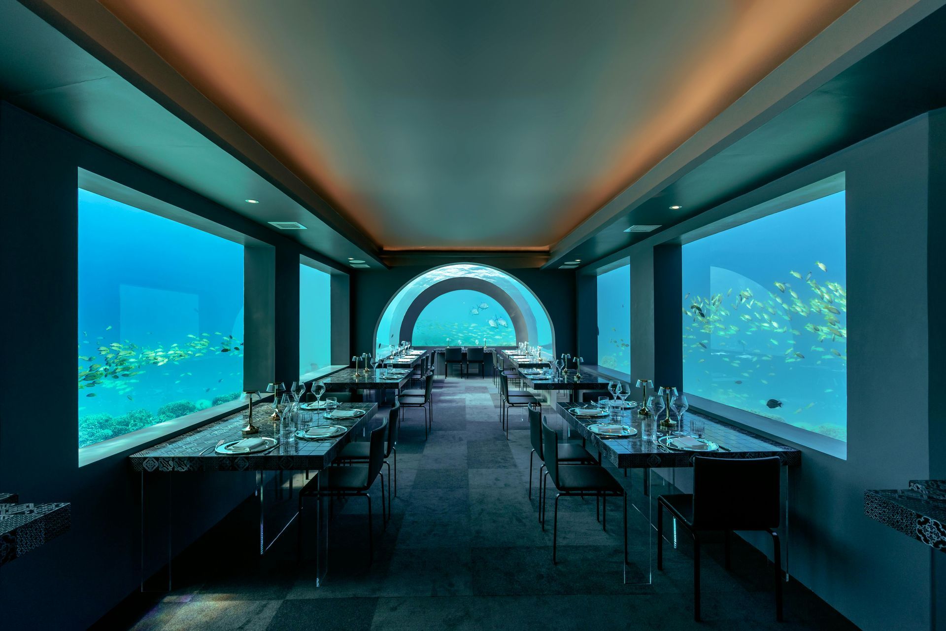 A dining room with tables and chairs and a view of the ocean underwater