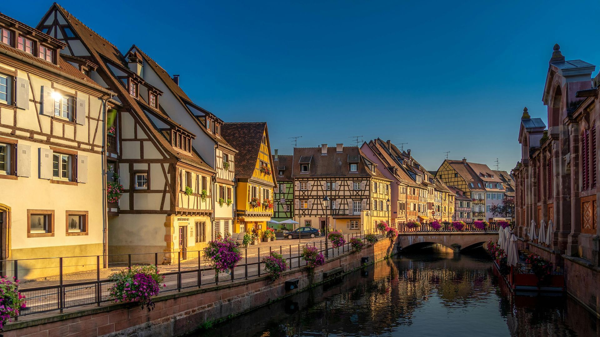 Canalside view of colorful, half-timbered buildings in Colmar, France. Sunlight bathes the houses, reflections in the water.