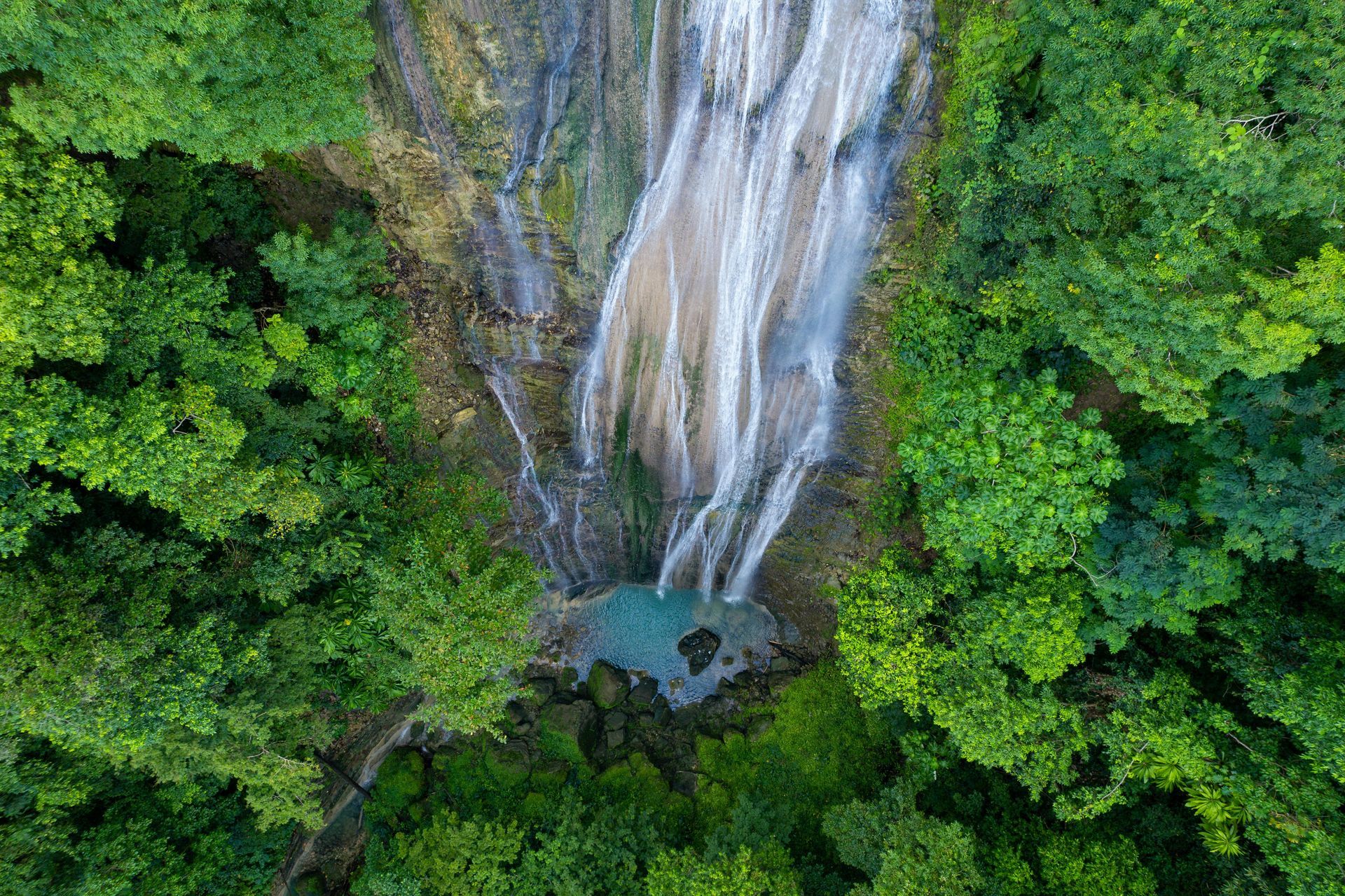 An aerial view of Dunn River waterfall in the middle of a forest surrounded by trees.