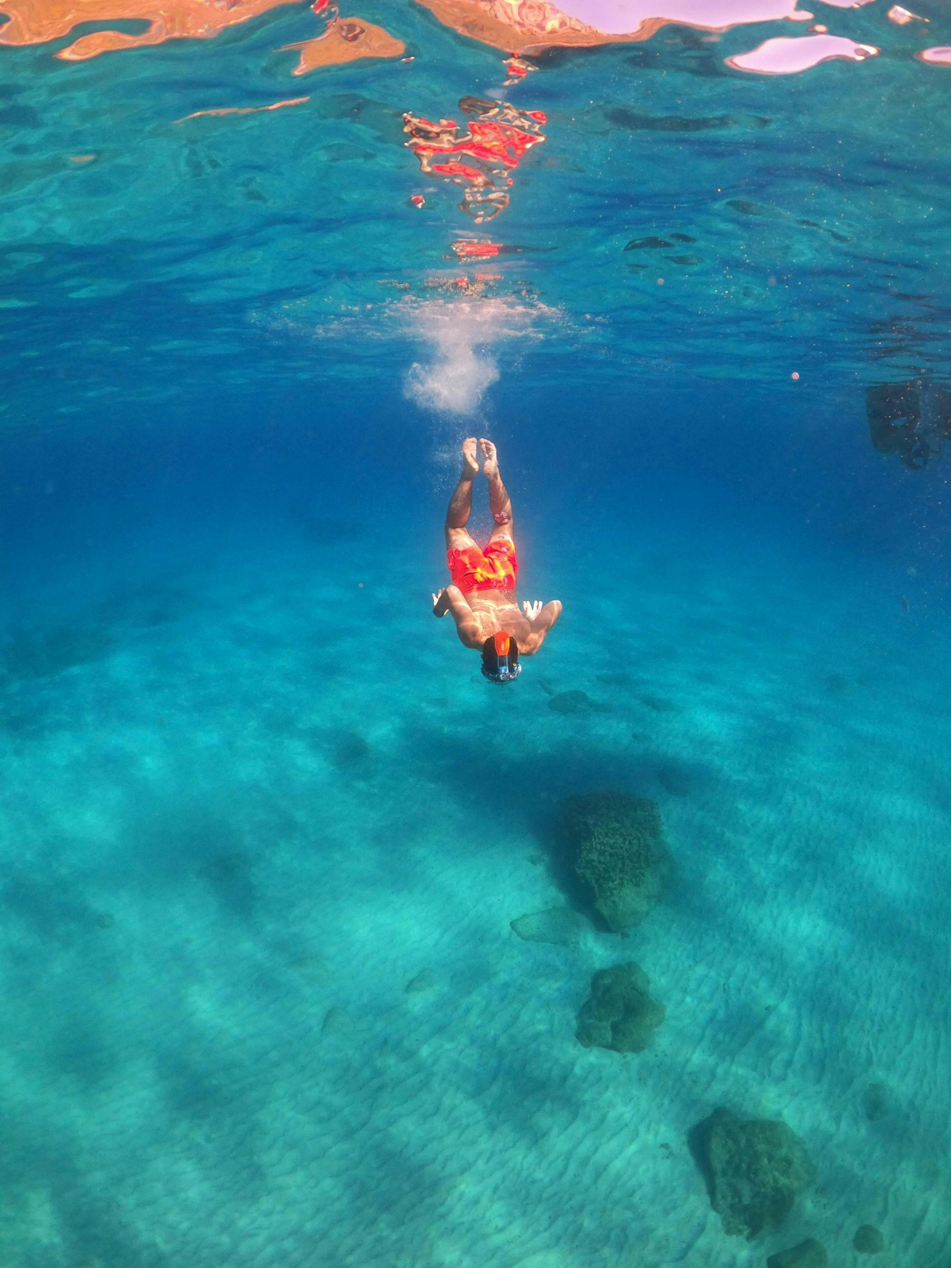 A person is swimming underwater in Seychelles