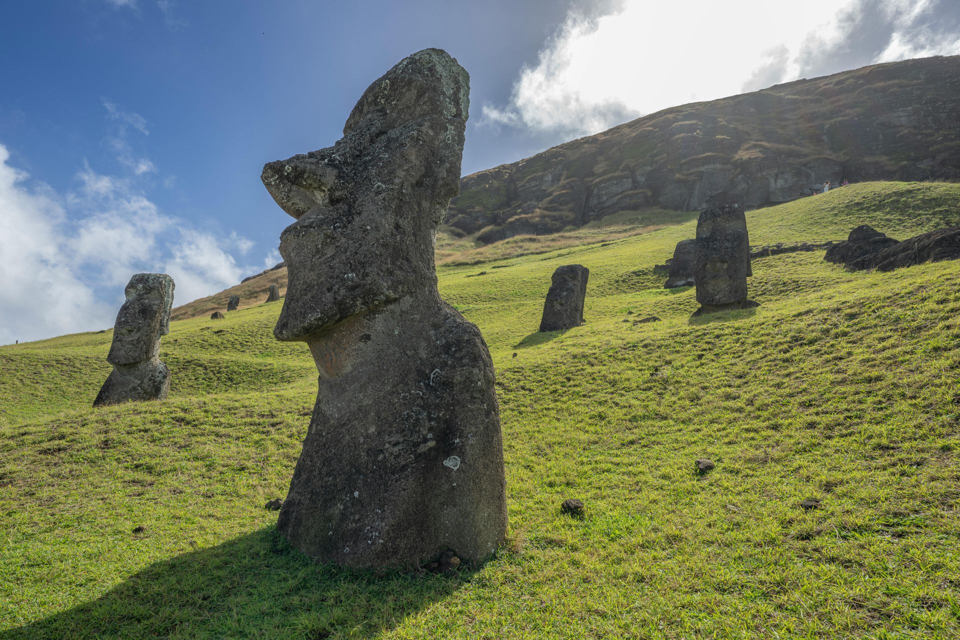 A group of Rapa Nui statues sitting on top of a grassy hill.