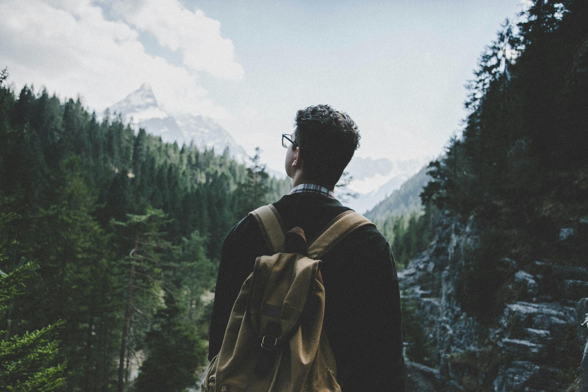 A man with a backpack is standing in the woods looking at the mountains.
