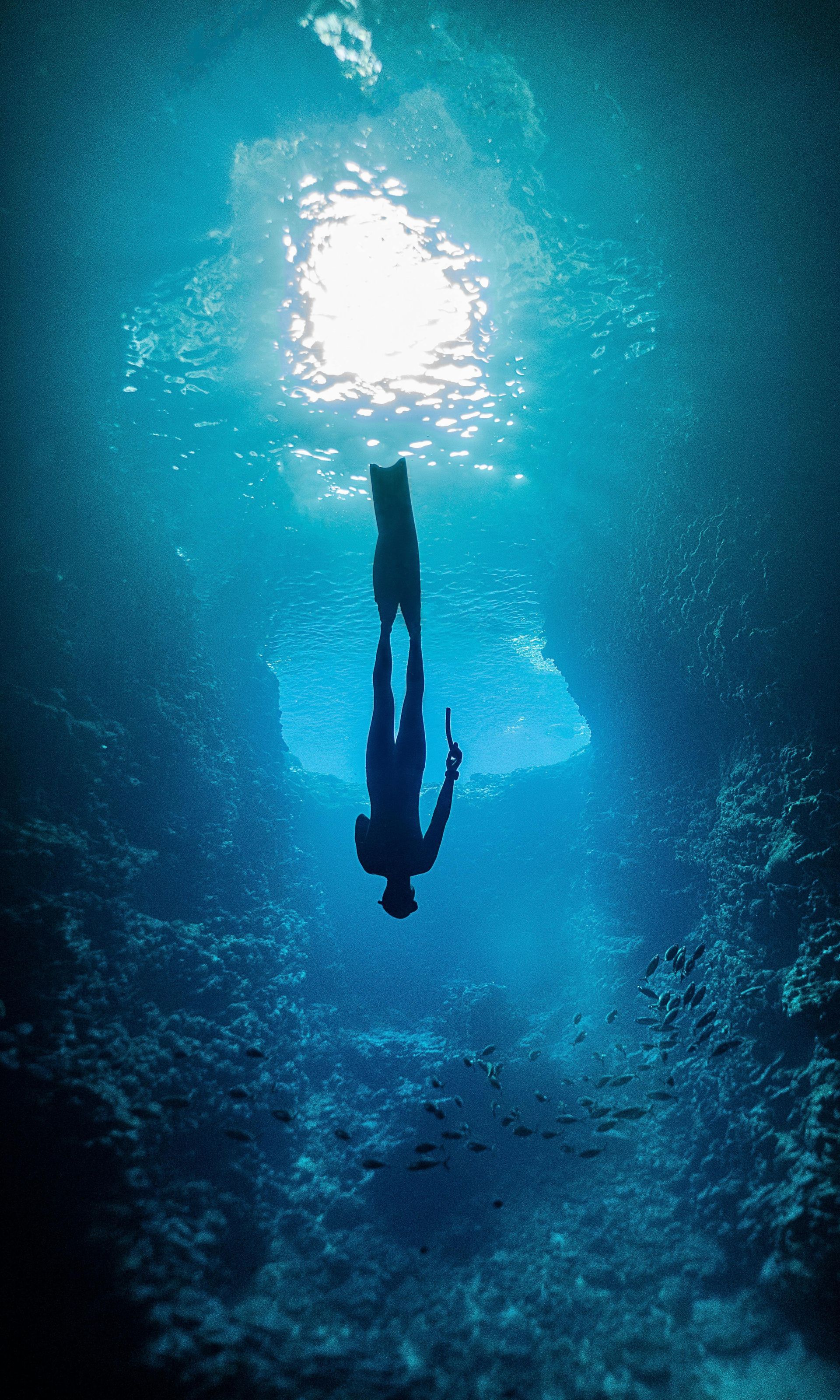 A person is snorkelling in a cave in the South Pacific Ocean 