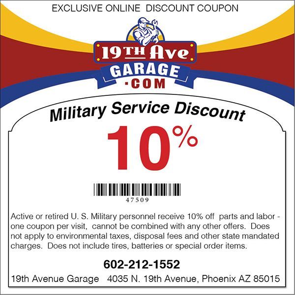 A military service discount coupon for 19th ave garage
