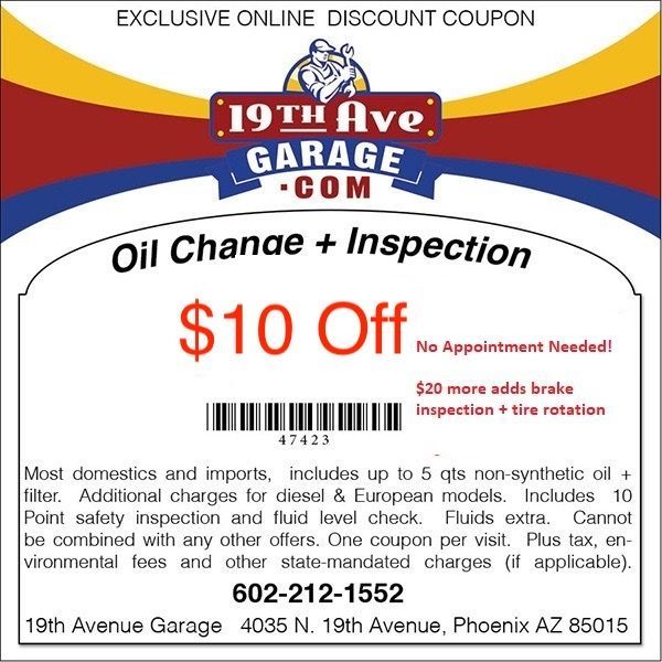 A coupon for oil change and inspection for $10 off