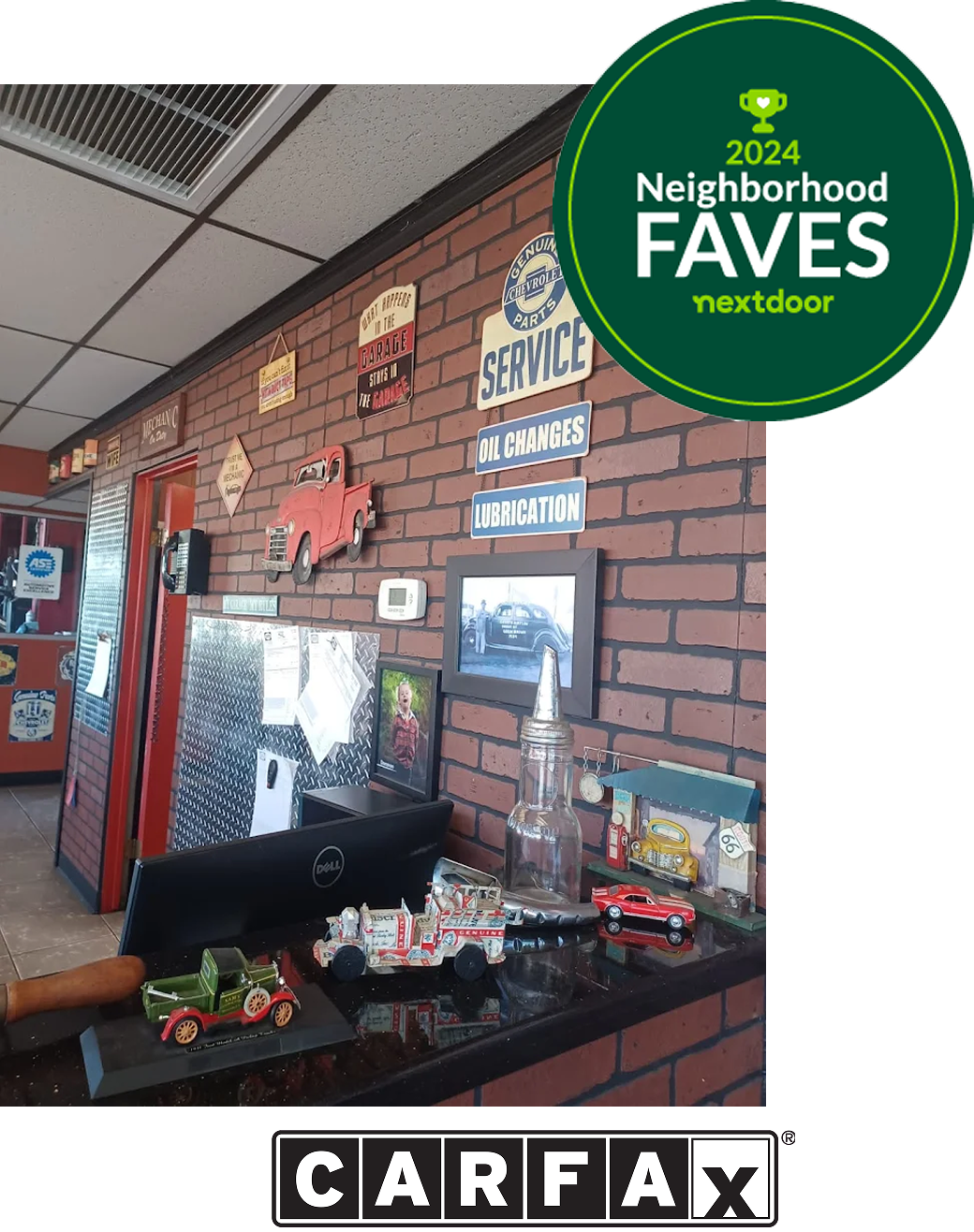 A brick wall with a sign that says neighborhood faves next door | 19th Avenue Garage