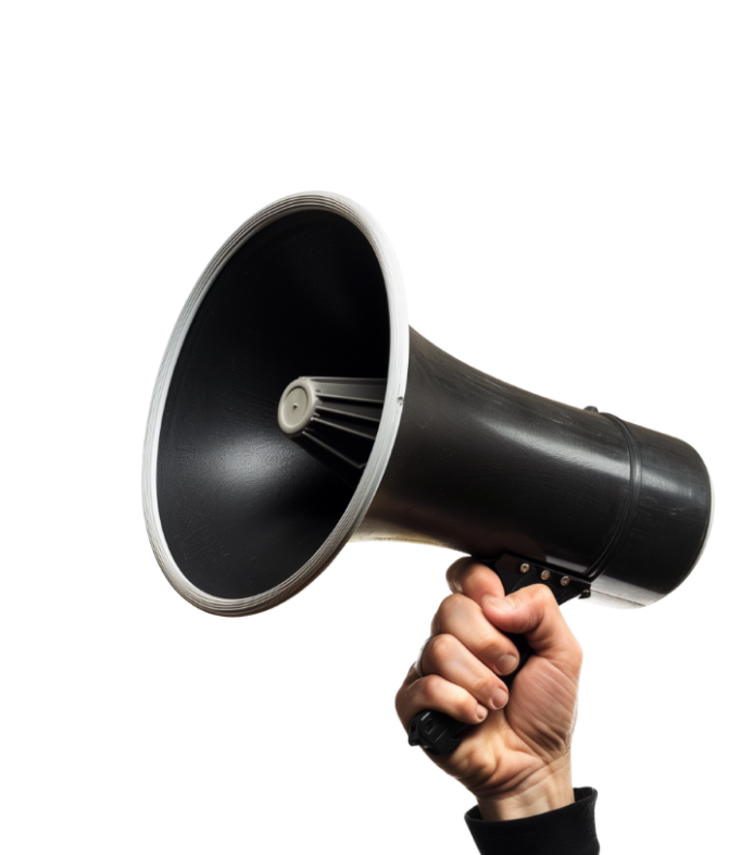 A hand is holding a black megaphone on a white background | 19th Avenue Garage