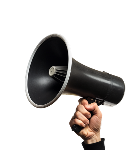 A hand is holding a black megaphone on a white background | 19th Avenue Garage