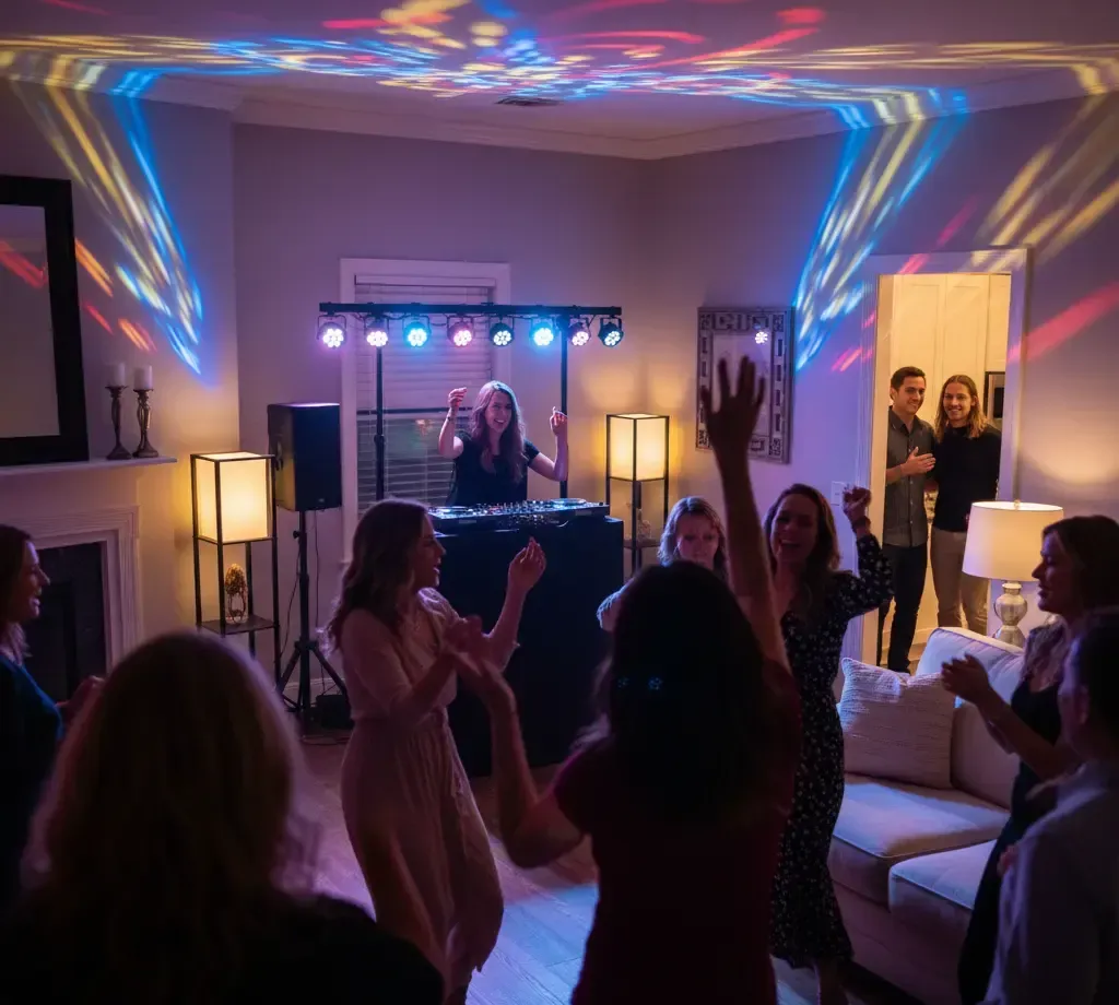 People dancing at a party in a living room with a DJ, colorful lights.
