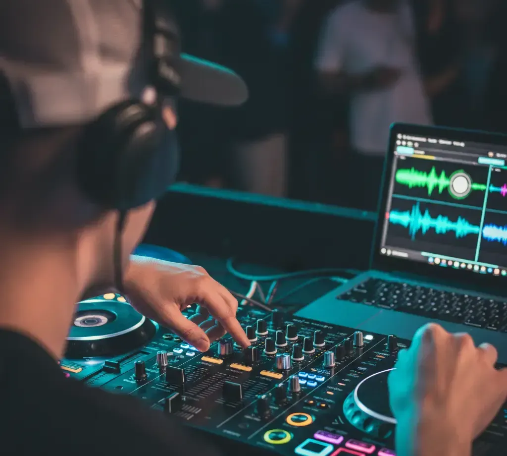 DJ at a mixing console, adjusting levels while looking at laptop screen with music waveforms, in a dimly lit club.