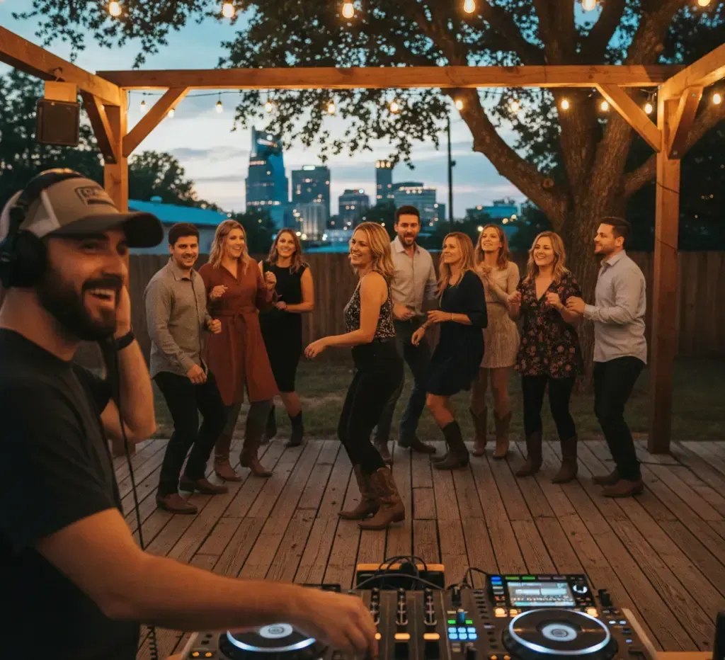 DJ playing music on a deck as a group of people dance with a city skyline in the background.