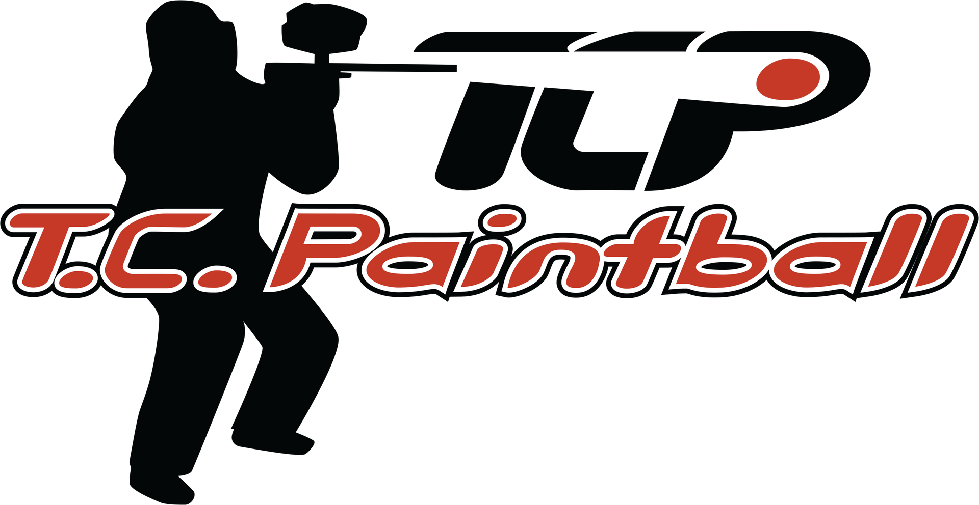 A logo for t.c. paintball with a silhouette of a person holding a paintball marker.