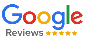 A google review logo with five stars on a white background.