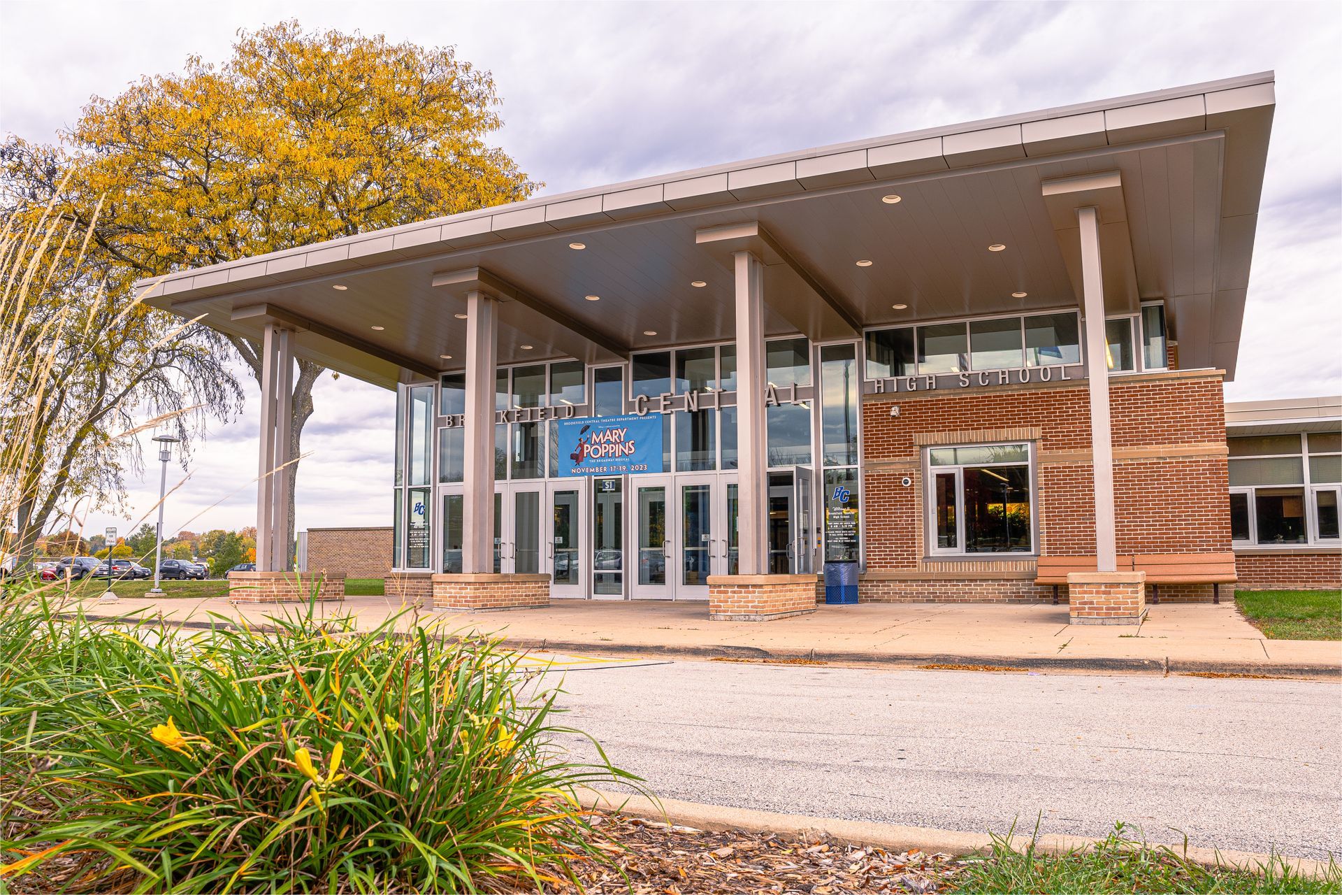 A large building with a lot of windows and a tree in front of it.