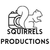 A black and white logo for squirrels productions with a squirrel and a suitcase.