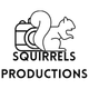 A black and white logo for squirrels productions with a squirrel and a suitcase.