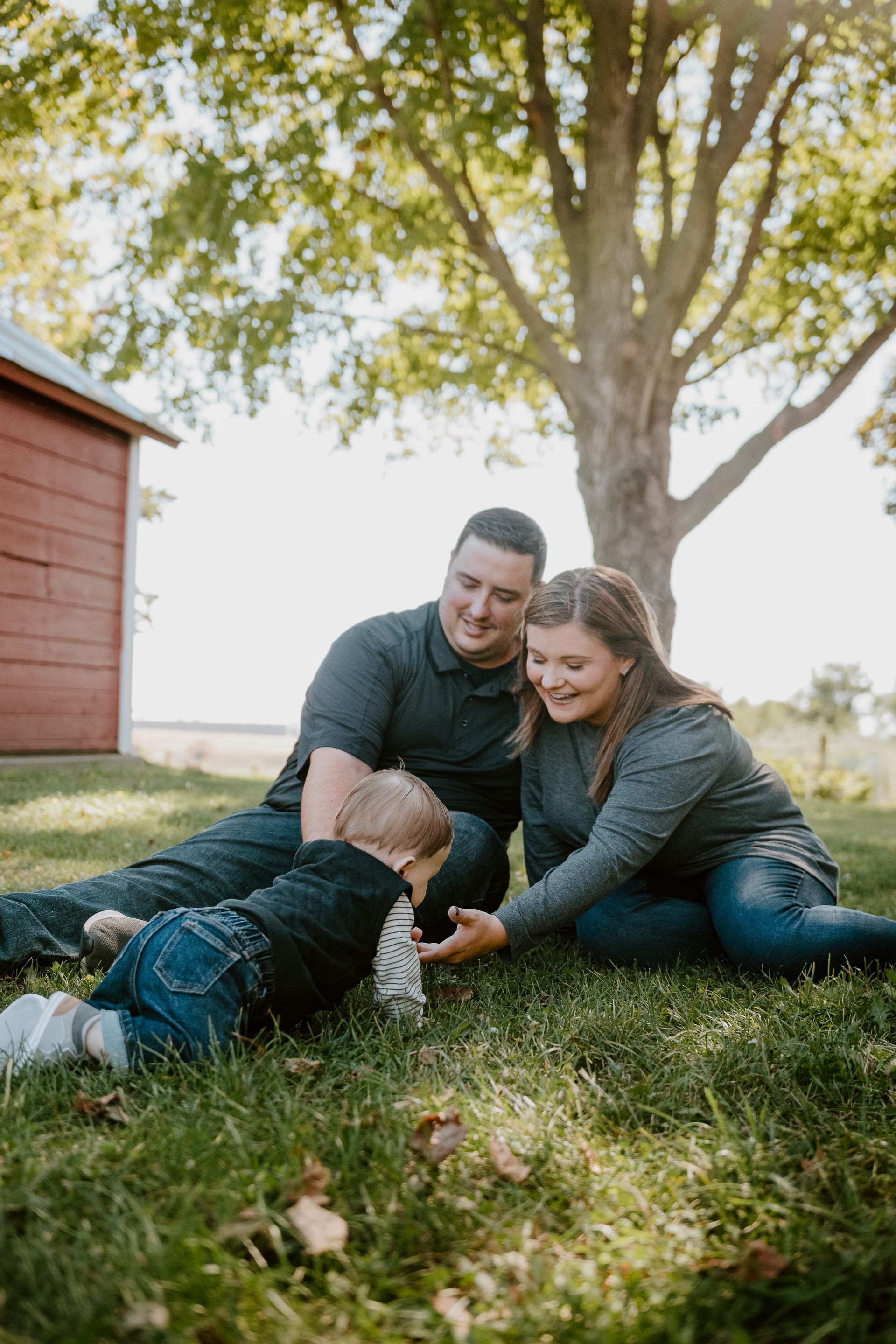A family is sitting on the grass under a tree.
