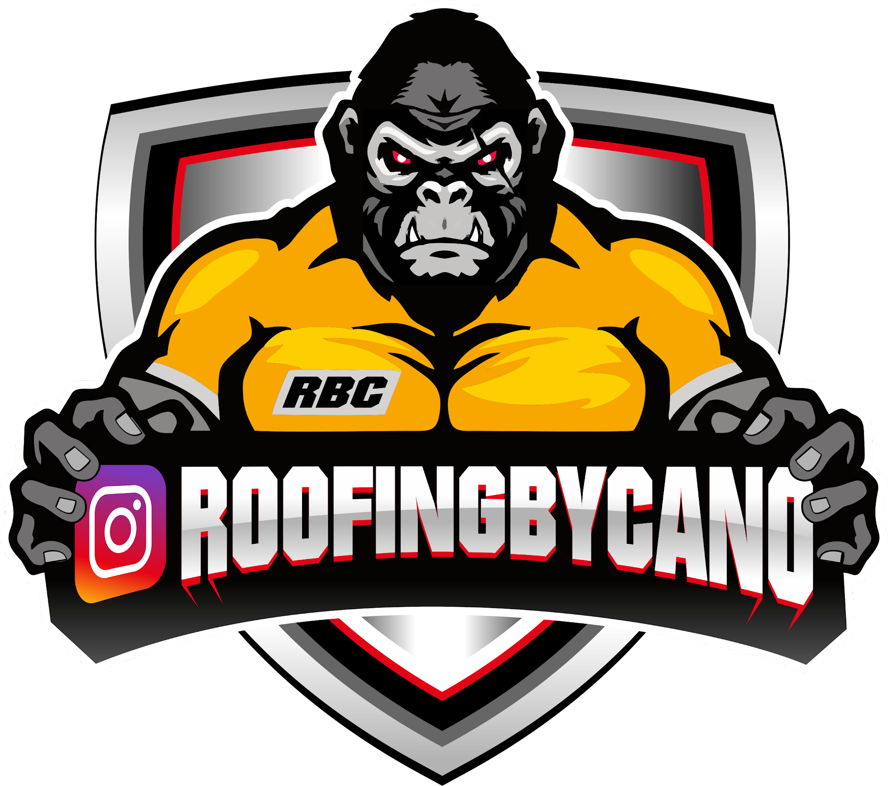 A gorilla is holding a sign that says roofingbycano.