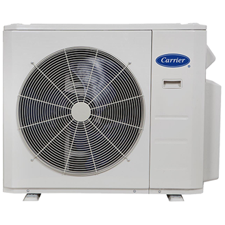 A white carrier air conditioner with a large fan on a white background.