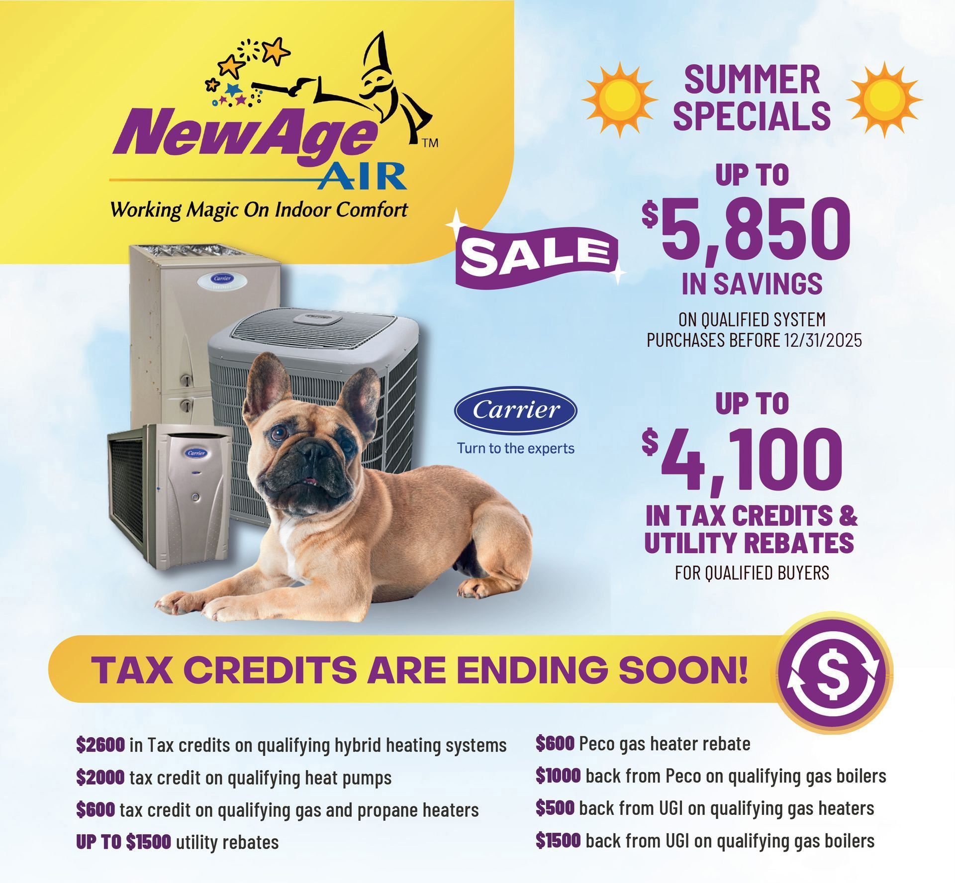 NewAge Air ad: Summer sale with savings, tax credits and utility rebates. Dog with Carrier equipment.
