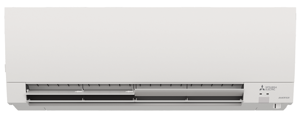 A white mitsubishi air conditioner on a white background