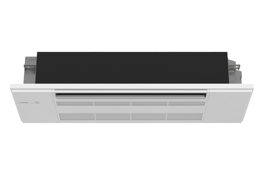 A white and black air conditioner is sitting on a white surface.