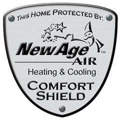 A logo for newage air heating and cooling comfort shield