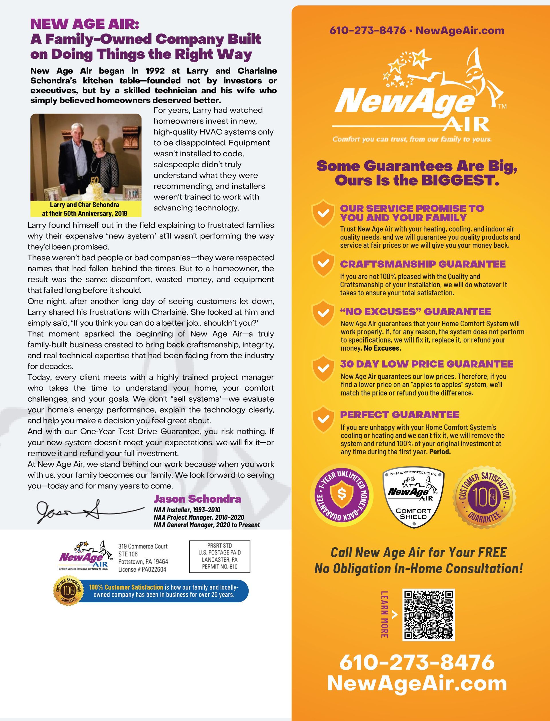 NewAge Air flyer featuring a family business, their service guarantees, and contact details.